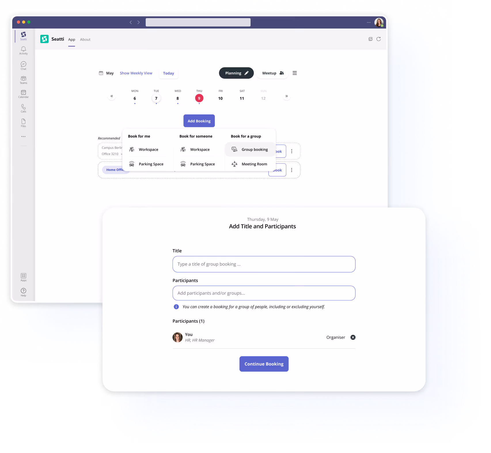 Seatti Web-App-Kalenderoberfläche, die Optionen für Gruppenbuchungen und das Hinzufügen von Titel und Teilnehmern zeigt.