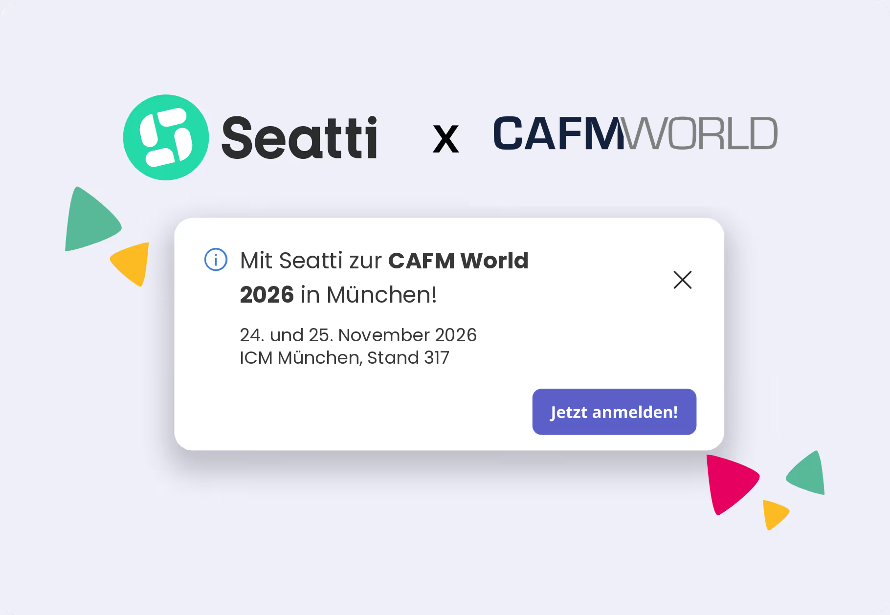 Seatti and CAFM World: invitation to CAFM World 2026 on 24 and 25 November at ICM Munich, booth 317