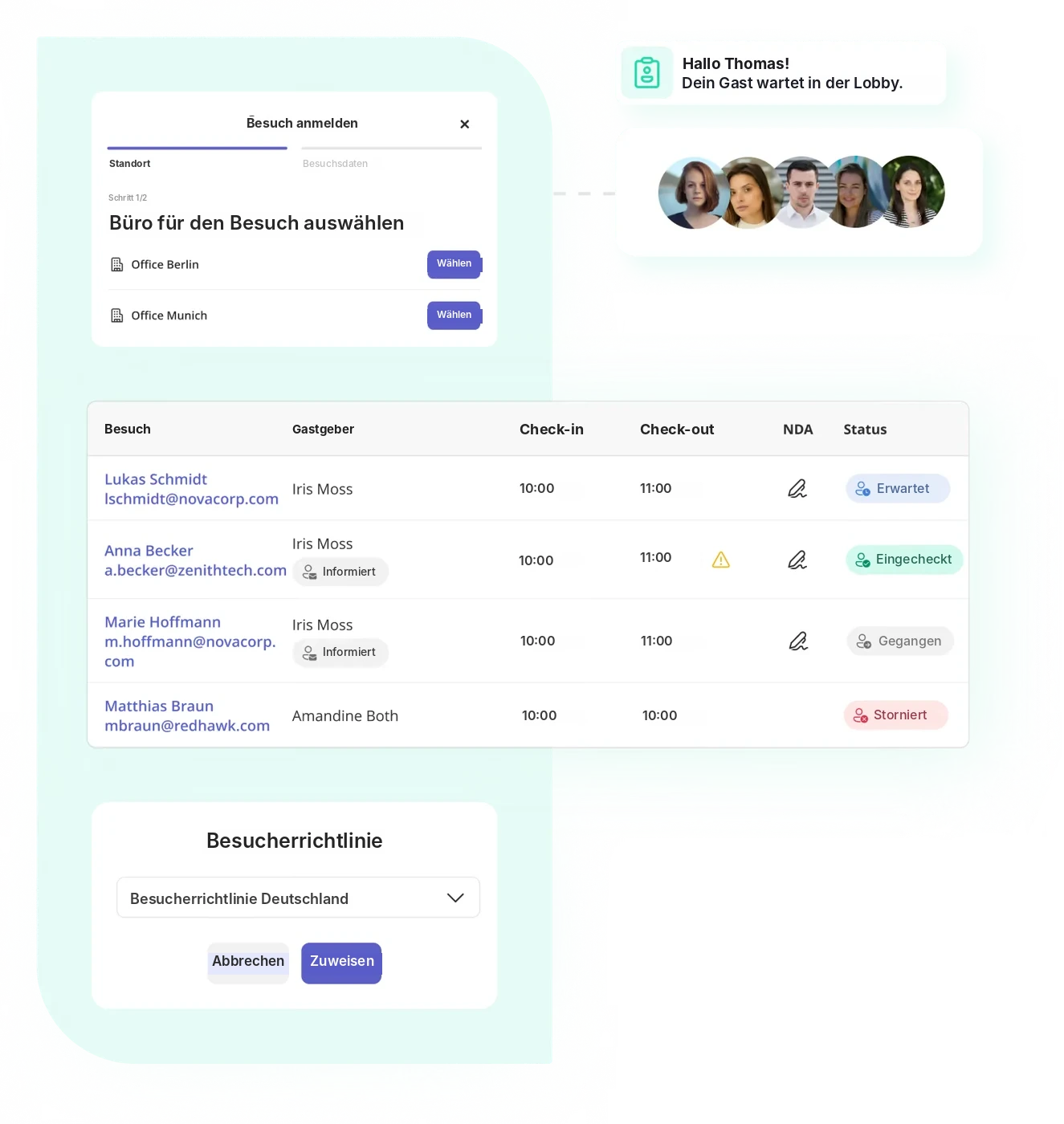 Visitor management in Seatti with visitor list, status and visitor policy