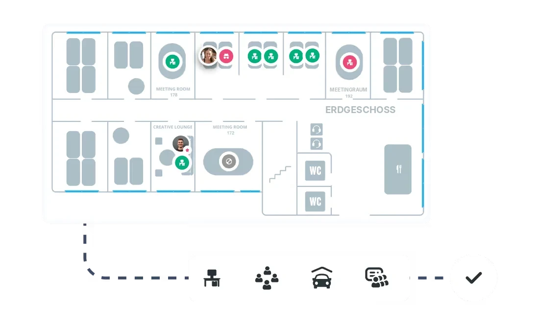 Interactive floor plan in Seatti with available and booked desks