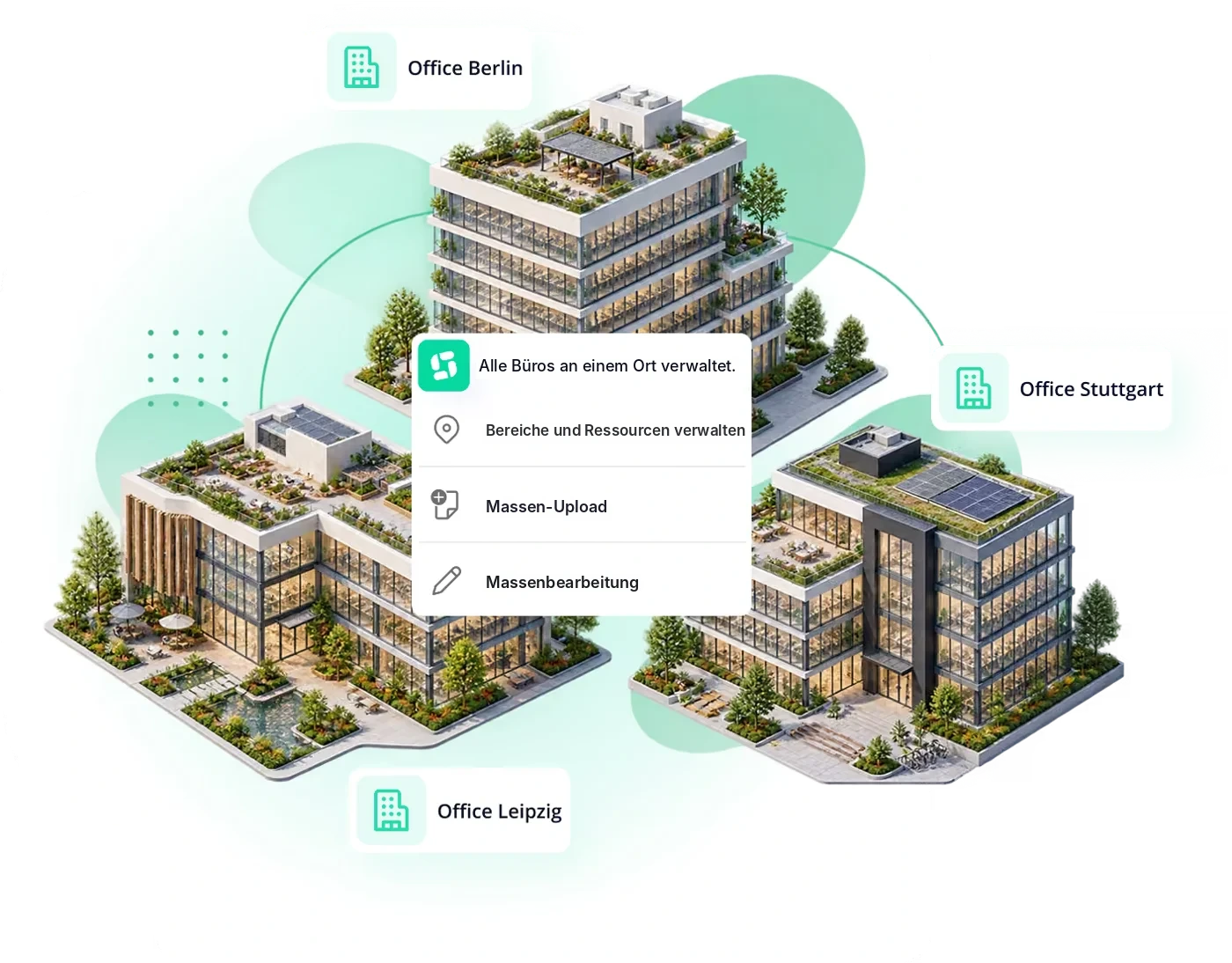 Several office sites managed centrally in Seatti, with bulk upload and bulk editing