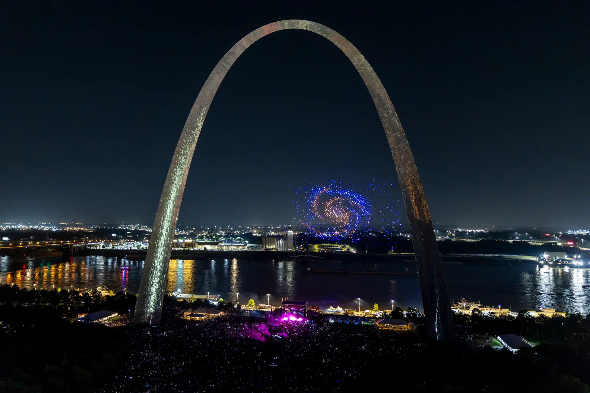Dronisos drone light show under the Gateway Arch in St. Louis, USA