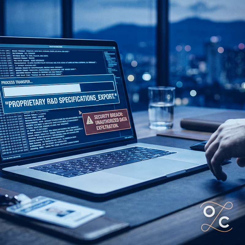 Laptop screen showing a file transfer of proprietary R&D specifications with a security breach warning, suggesting trade secret misappropriation or unauthorized data exfiltration.