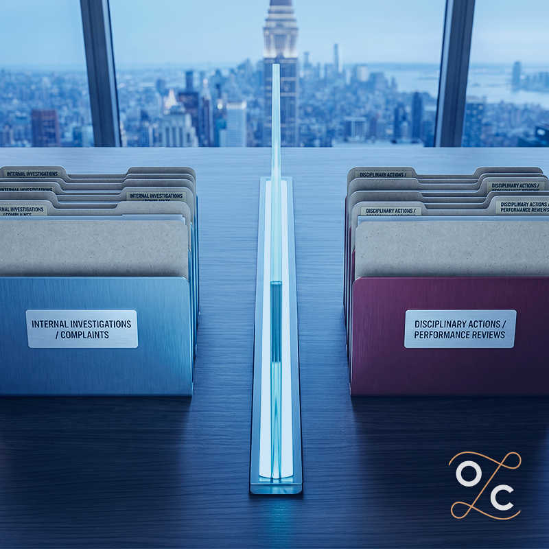 An illuminated glass divider on an executive desk separates a blue "Internal Investigations" file stand from a red "Disciplinary Actions" stand.