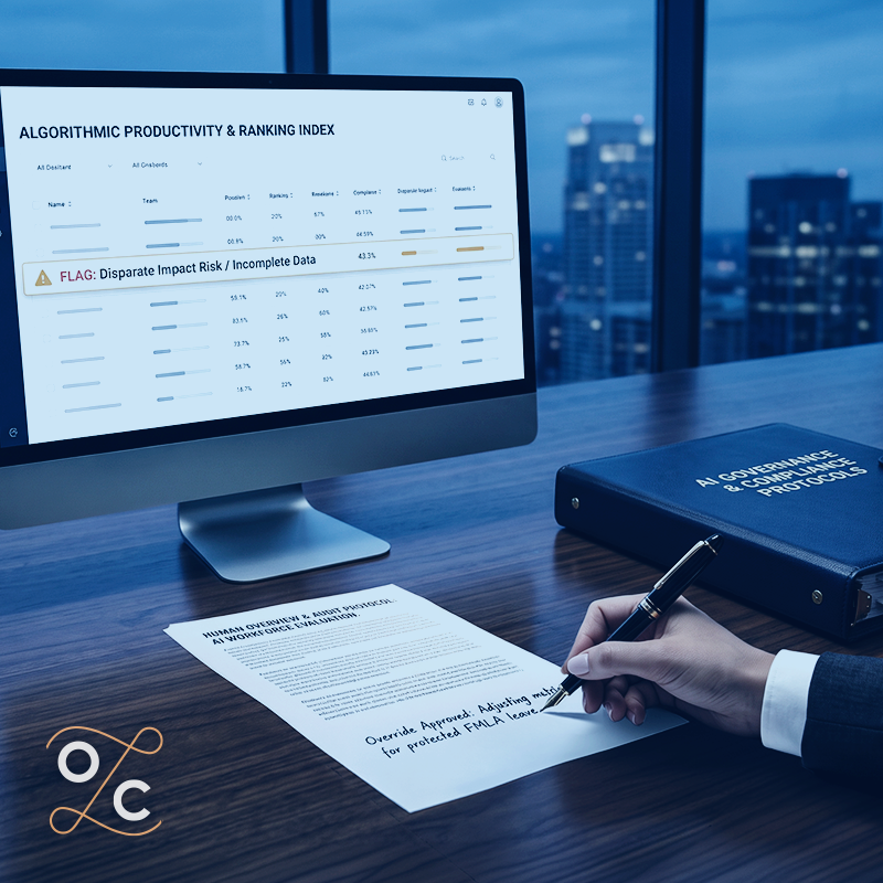 Computer monitor displaying an AI algorithmic productivity and ranking dashboard with a warning for disparate impact risk, alongside a document noting human review and protected leave considerations.