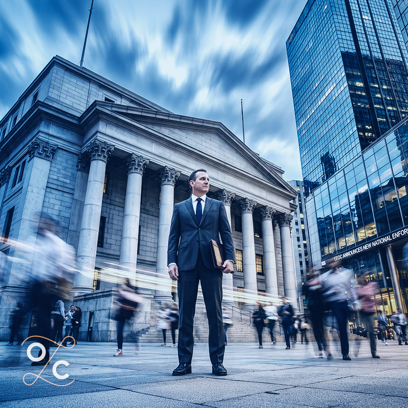 Business professional standing outside a courthouse and modern office buildings as blurred pedestrians pass, representing changing federal employment law enforcement priorities.