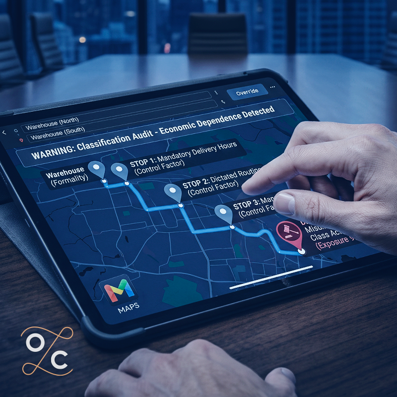 Tablet displaying a route map with a worker classification audit warning about economic dependence and employer control, illustrating misclassification risks for app-based drivers.