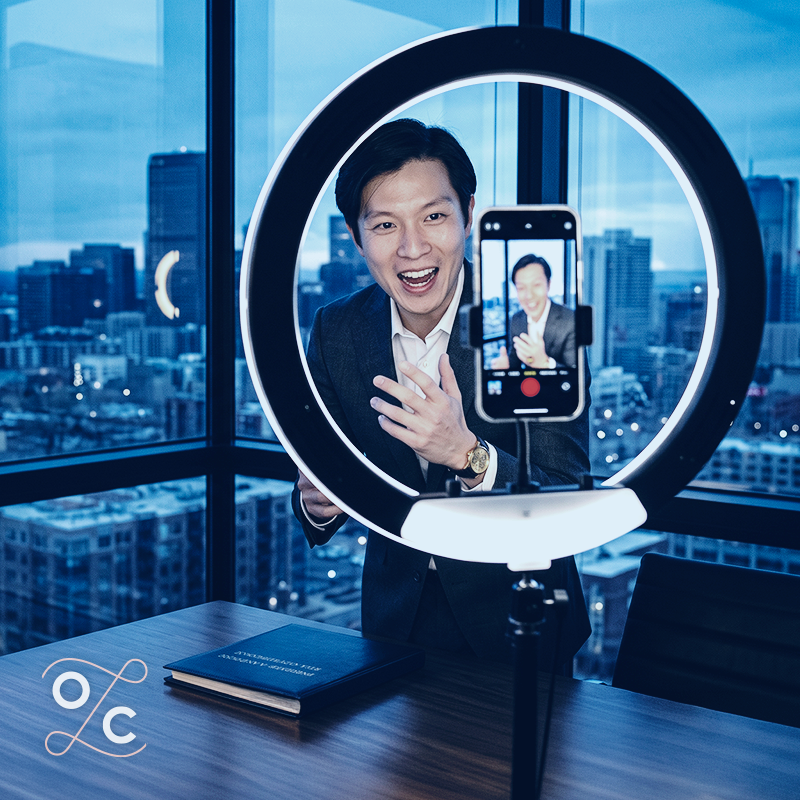 Business professional recording social media content with a smartphone and ring light in an office, illustrating workplace risks when employees build personal brands or act as influencers.