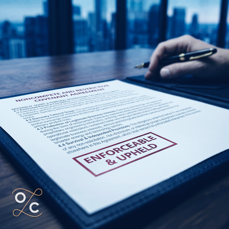 Close-up of a noncompete and restrictive covenant agreement marked “Enforceable & Upheld,” illustrating a court ruling that narrowly tailored noncompete agreements can still be enforced.