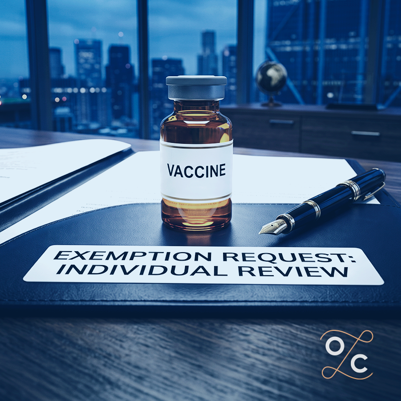 Vaccine vial and exemption request form labeled “Individual Review,” illustrating the need for employers to carefully evaluate medical and religious accommodation requests.