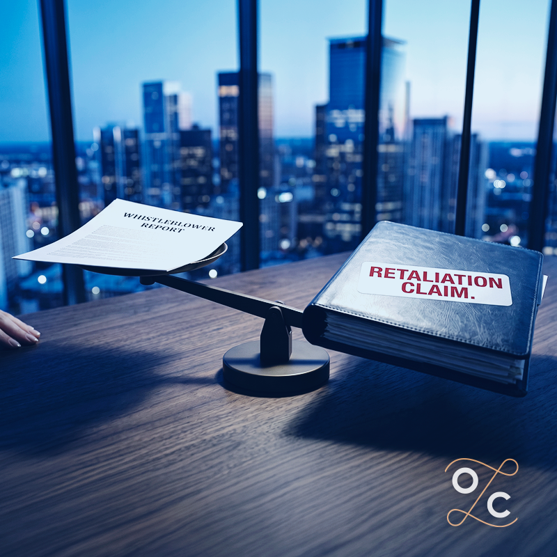 Balance scale weighing a whistleblower report against a retaliation claim, illustrating the legal risks employers face when responding to employee compliance and safety complaints.