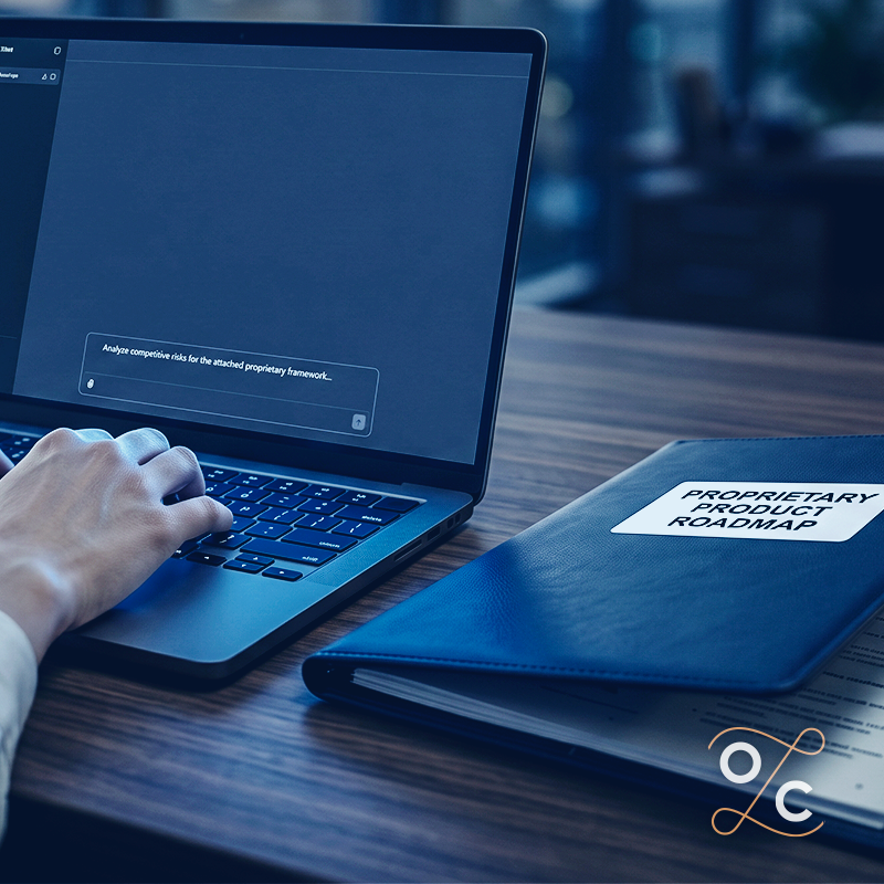 Employee using an AI tool beside a folder labeled “Proprietary Product Roadmap,” illustrating how confidential business information shared with AI may create new trade secret and evidence risks.