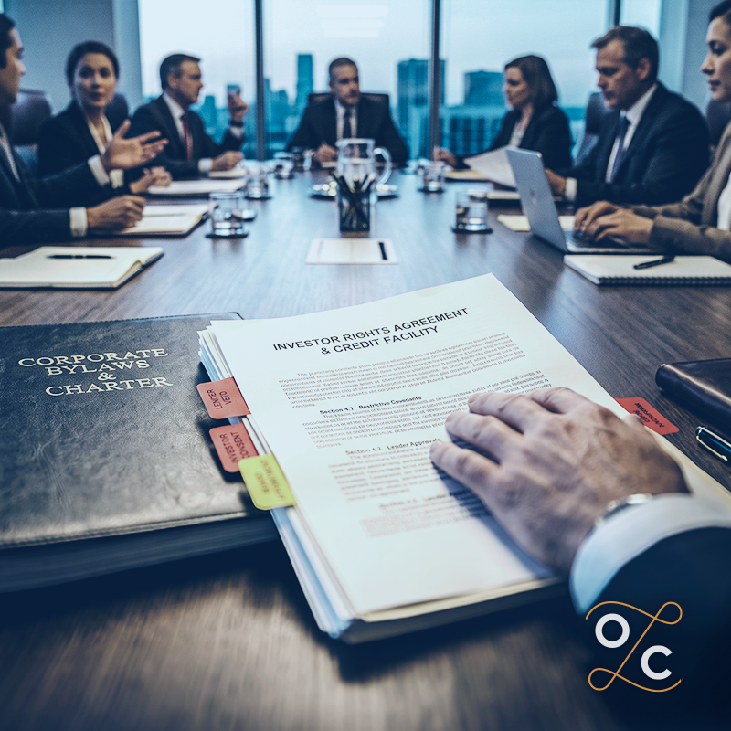 Board meeting with corporate bylaws beside an investor rights agreement, illustrating how contractual governance can shape company decisions beyond traditional governing documents.