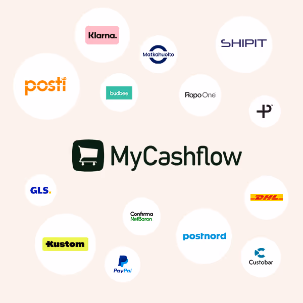 MyCashflow-verkkokaupan laajennukset, esillä eri palveluntarjoajien logot