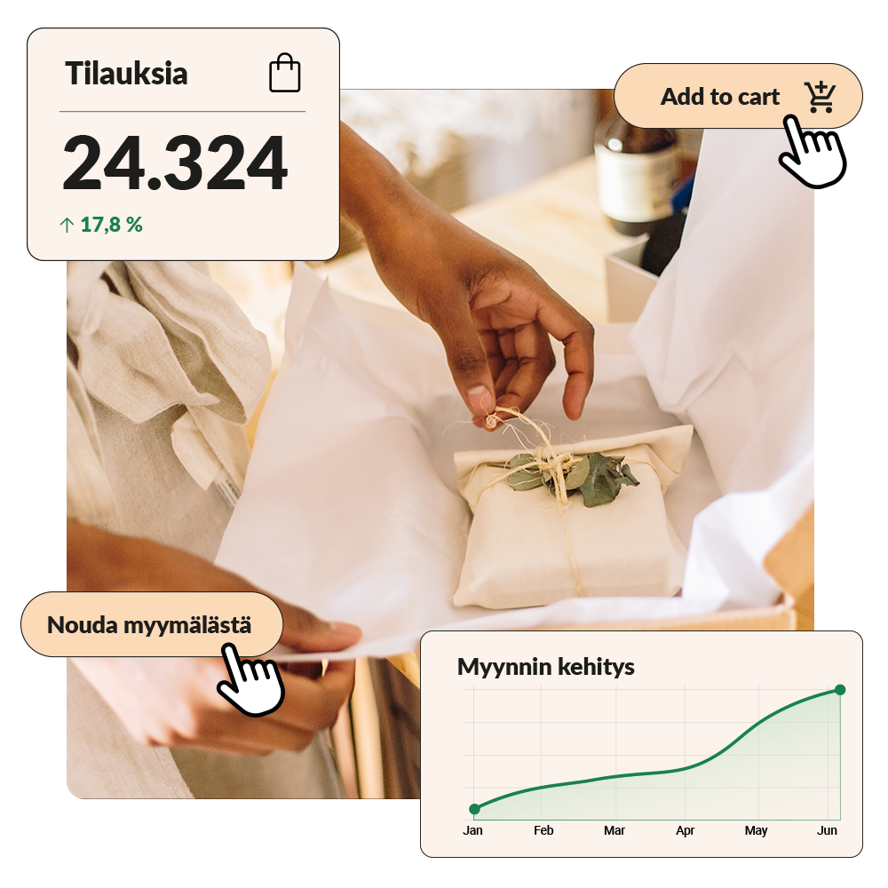 Verkkokauppias valmistelee pakettia lähetystä varten liimaamalla rahtikirjan pahvilaatikon päälle.