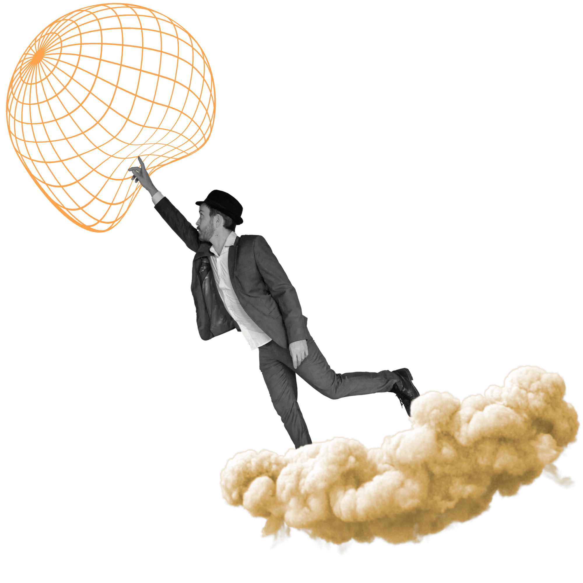 Webdesigner auf einer orangenen Wolke. Er verbiegt einen runden Wireframe mit dem Zeigefinger.