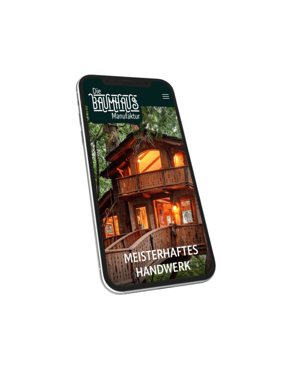 Smartphone zeigt die Homepage der Baumhausmanufaktur.