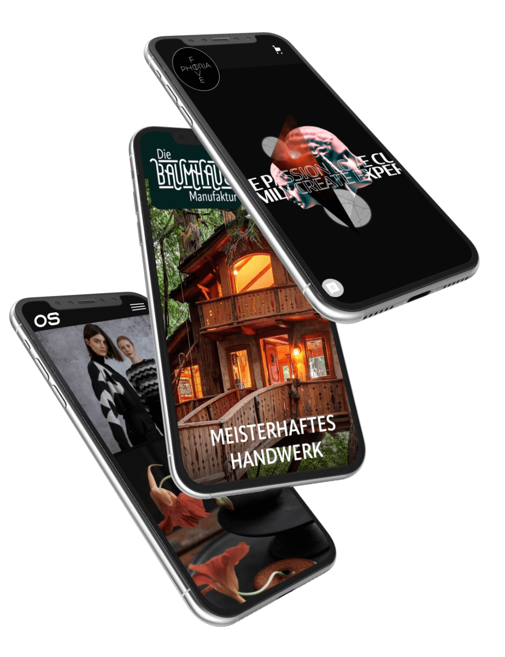 Drei Smartphones mit unterschiedlichen Website Titelbildern auf dem Display.