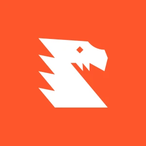White stylized dragon head with sharp teeth on an orange background.