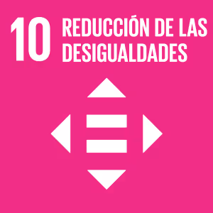 Icon with number 10 and text 'Reducción de las Desigualdades' featuring arrows pointing up, down, left, and right surrounding three horizontal lines on a magenta background.