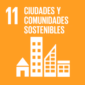 Orange square with white icons of buildings and text reading '11 Ciudades y Comunidades Sostenibles'.