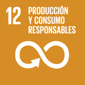Icon of the number 12 with an infinity loop arrow symbol and text in Spanish reading 'Producción y Consumo Responsables' on an ochre background.