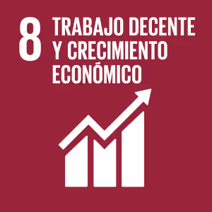 Icon for Decent Work and Economic Growth showing a rising bar chart with an arrow on a red background, labeled number 8 in Spanish.