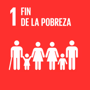 Icon representing Sustainable Development Goal 1: End Poverty, showing diverse white human figures on a red background with text '1 Fin de la Pobreza'.