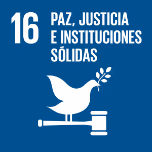 White dove holding an olive branch above a judge's gavel with text '16 Paz, Justicia e Instituciones Sólidas' on blue background.