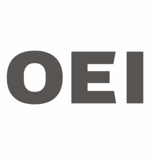OEI logo in dark grey letters on a white background.