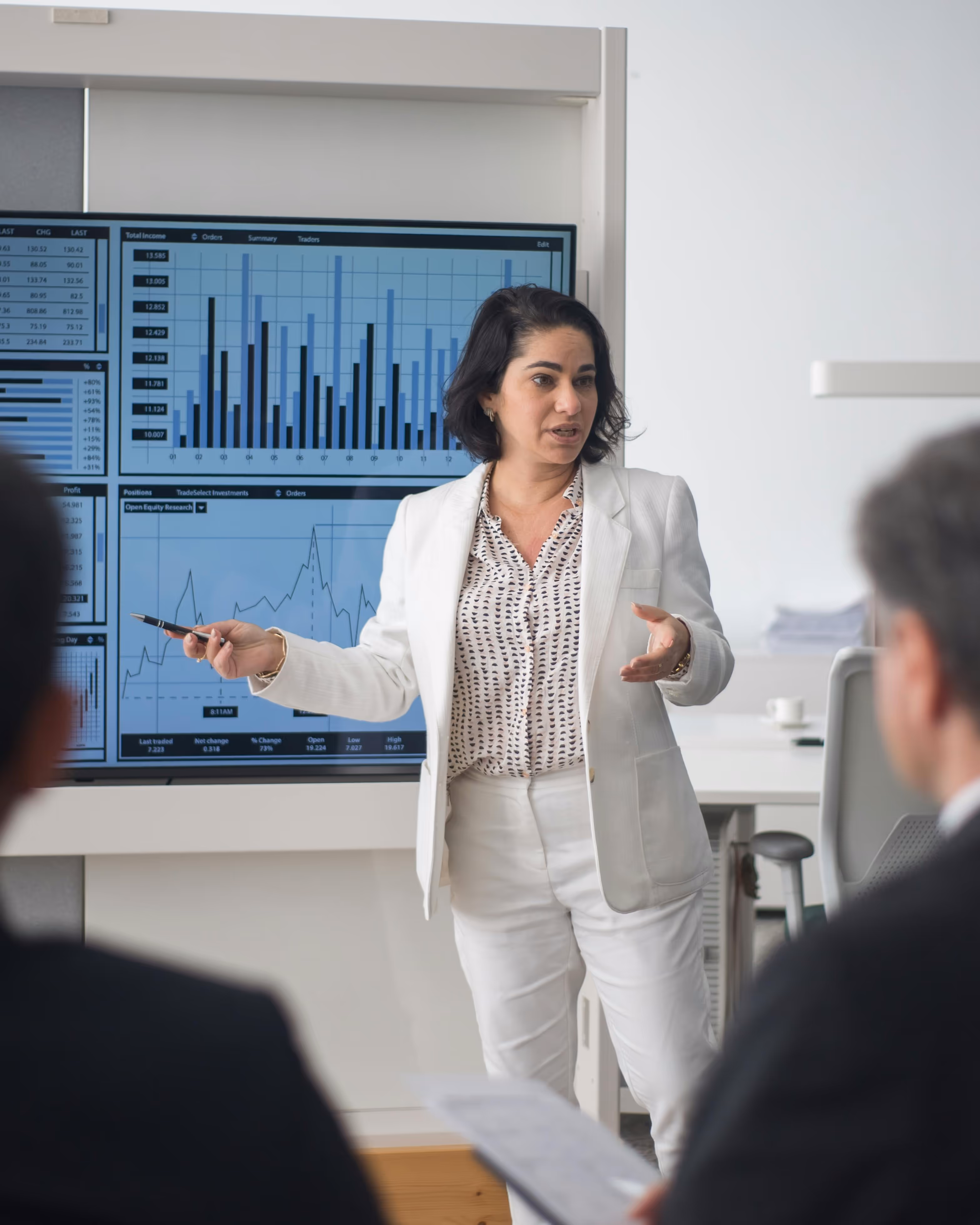 Businesswoman in white suit presenting financial graphs on a large screen to colleagues in a meeting room.