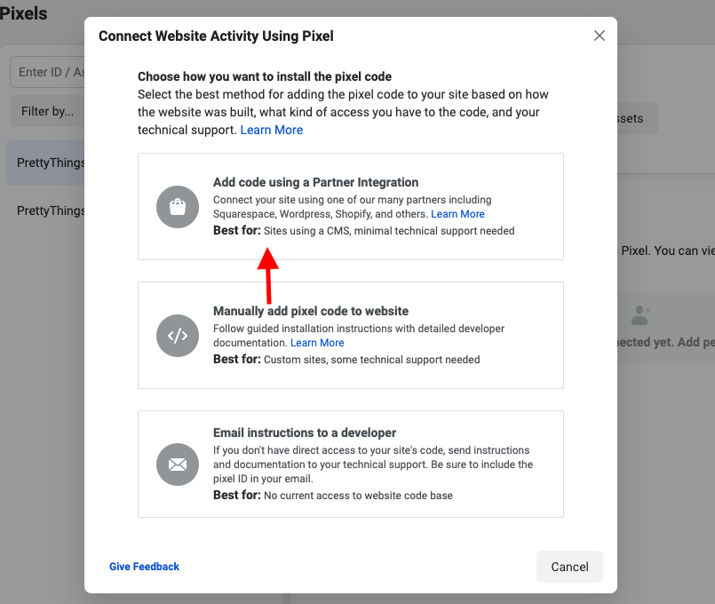 connect website activity using pixel