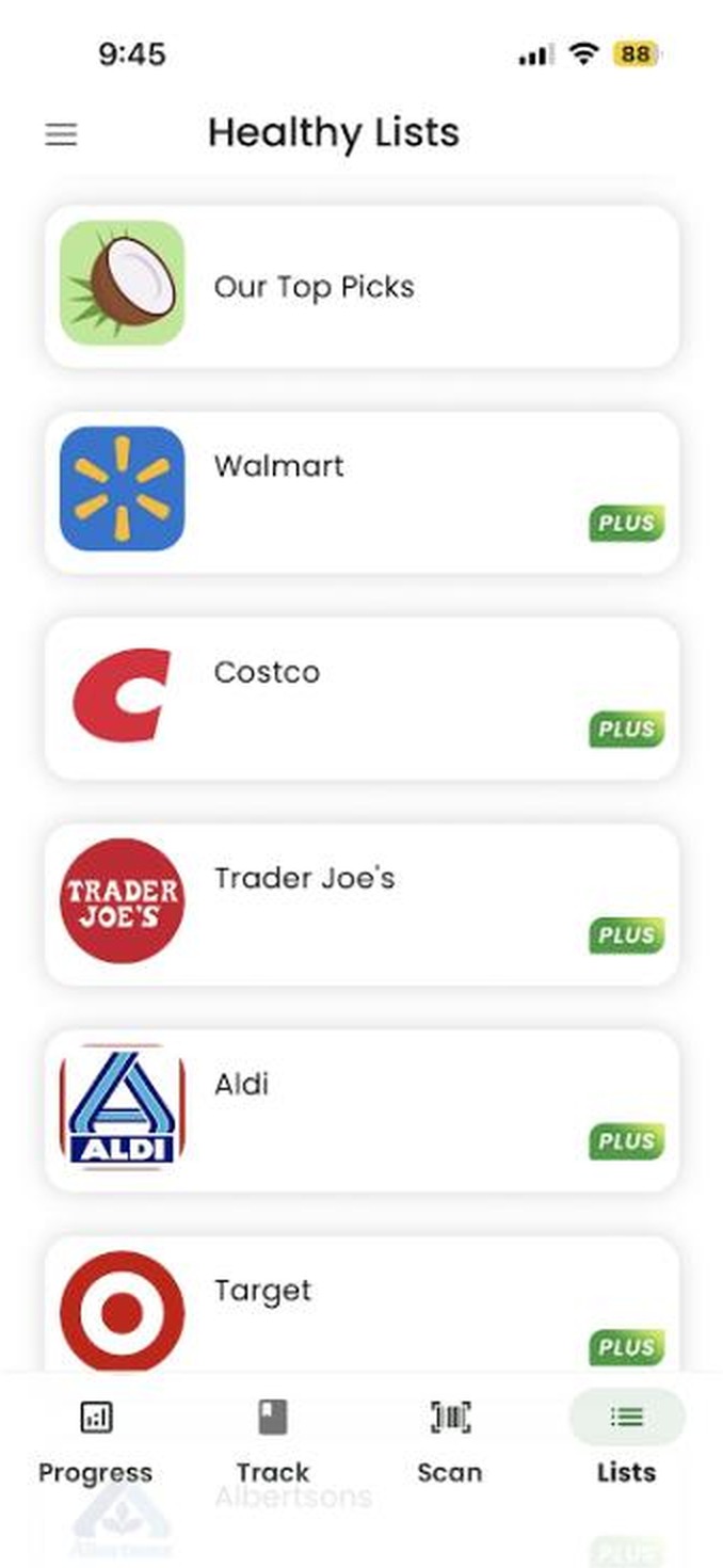 Pantalla de listas saludables de GoCoCo: listas de productos seleccionados por supermercado.