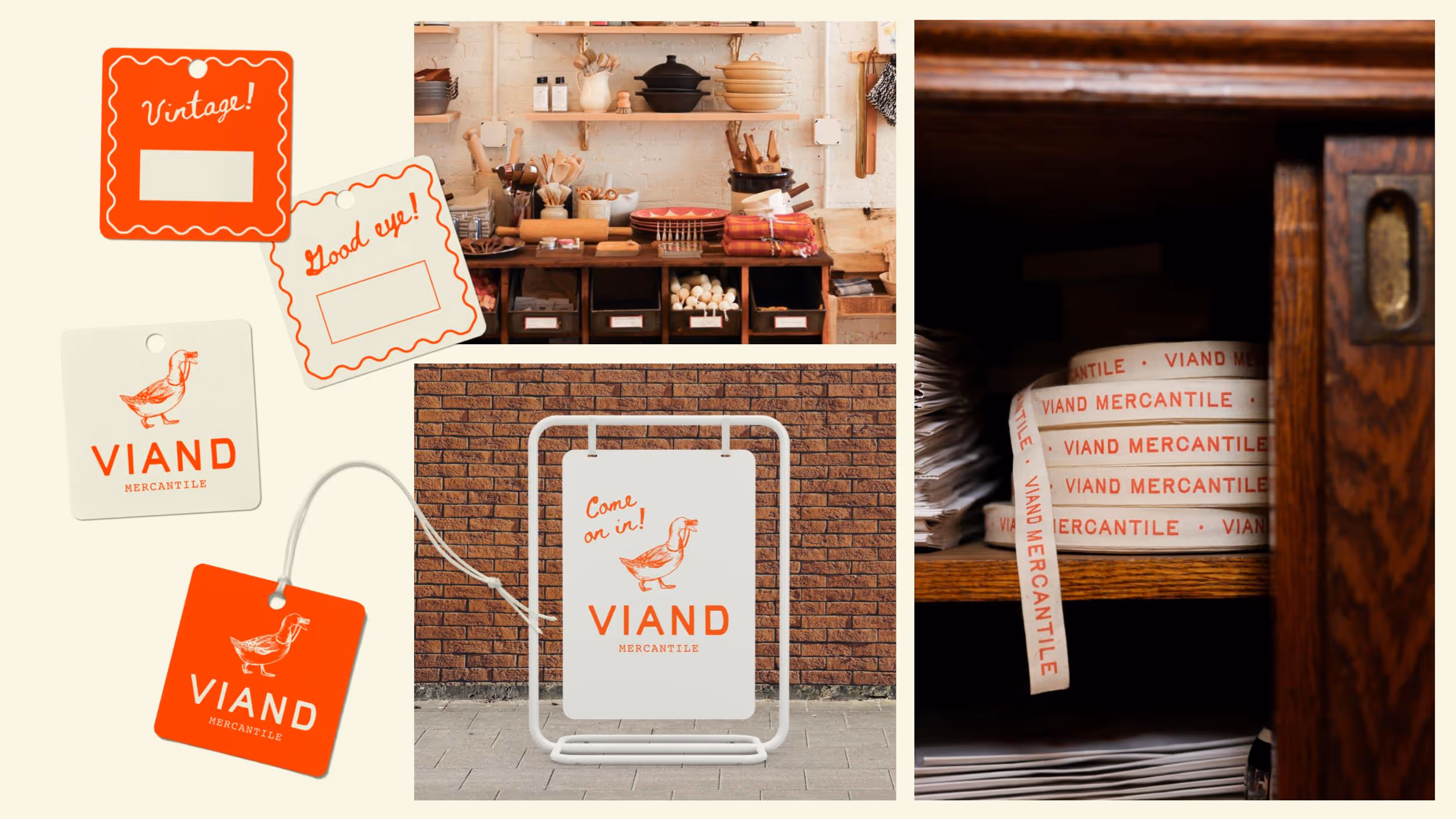 Viand Mercantile branding with vintage kitchen and store signage