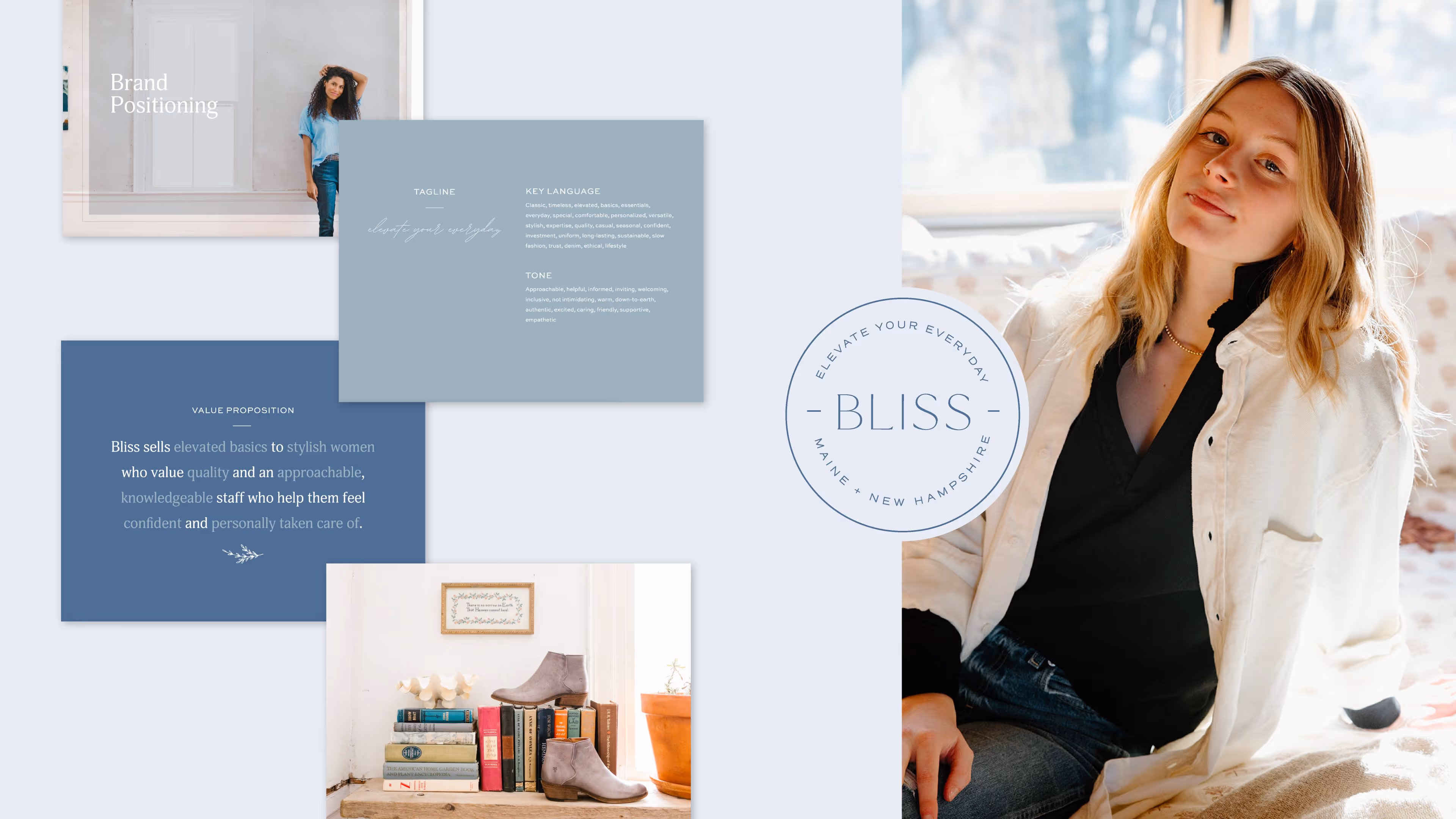 Bliss brand positioning mood board with stylish woman and logo