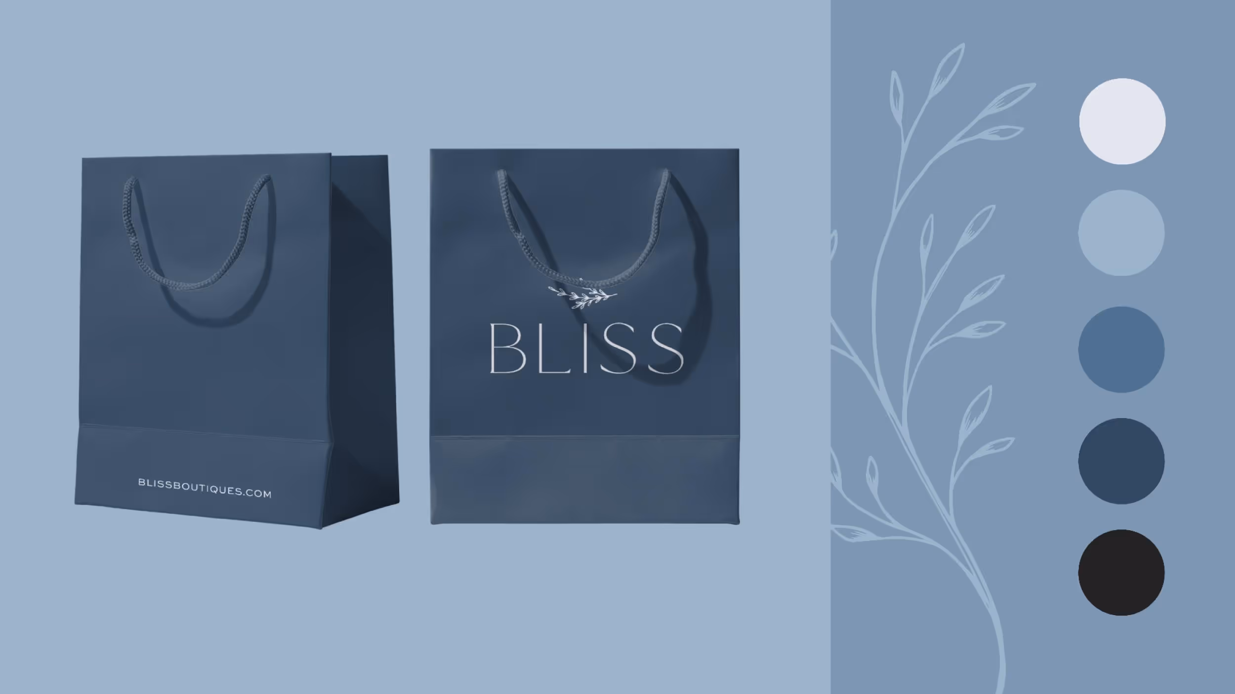 Bliss boutique shopping bags in elegant blue with brand logo