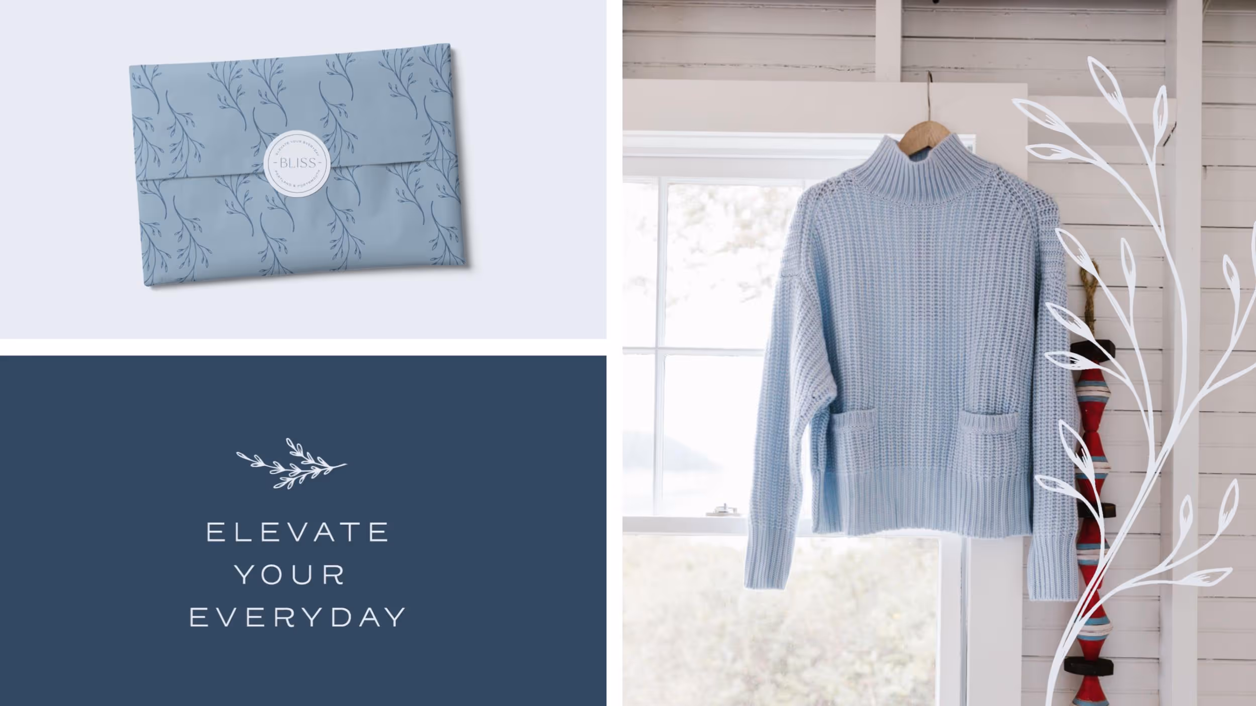 Blue knit sweater and Bliss envelope with leafy design and motivational text