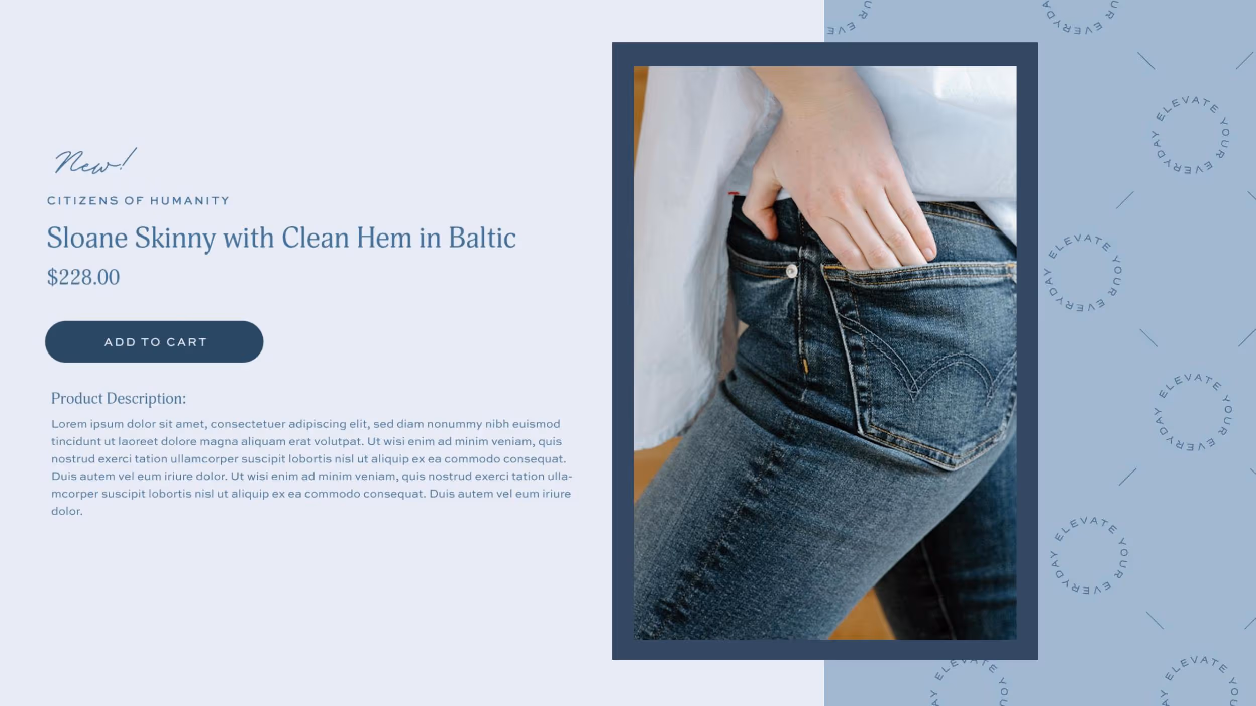 Close-up of blue skinny jeans with hand on hip pocket