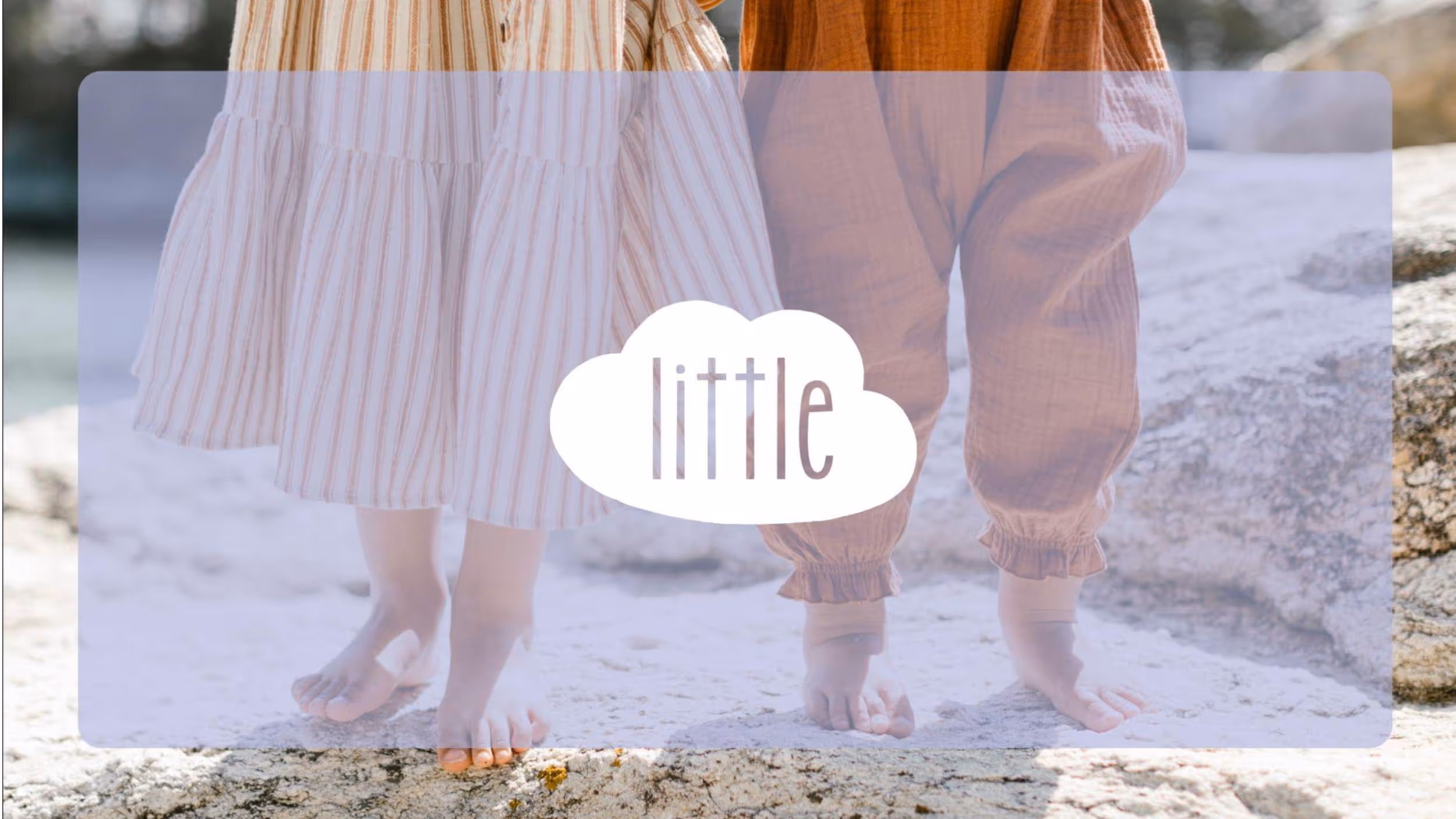 Two pairs of barefoot legs standing on rocky surface, "little" text overlay