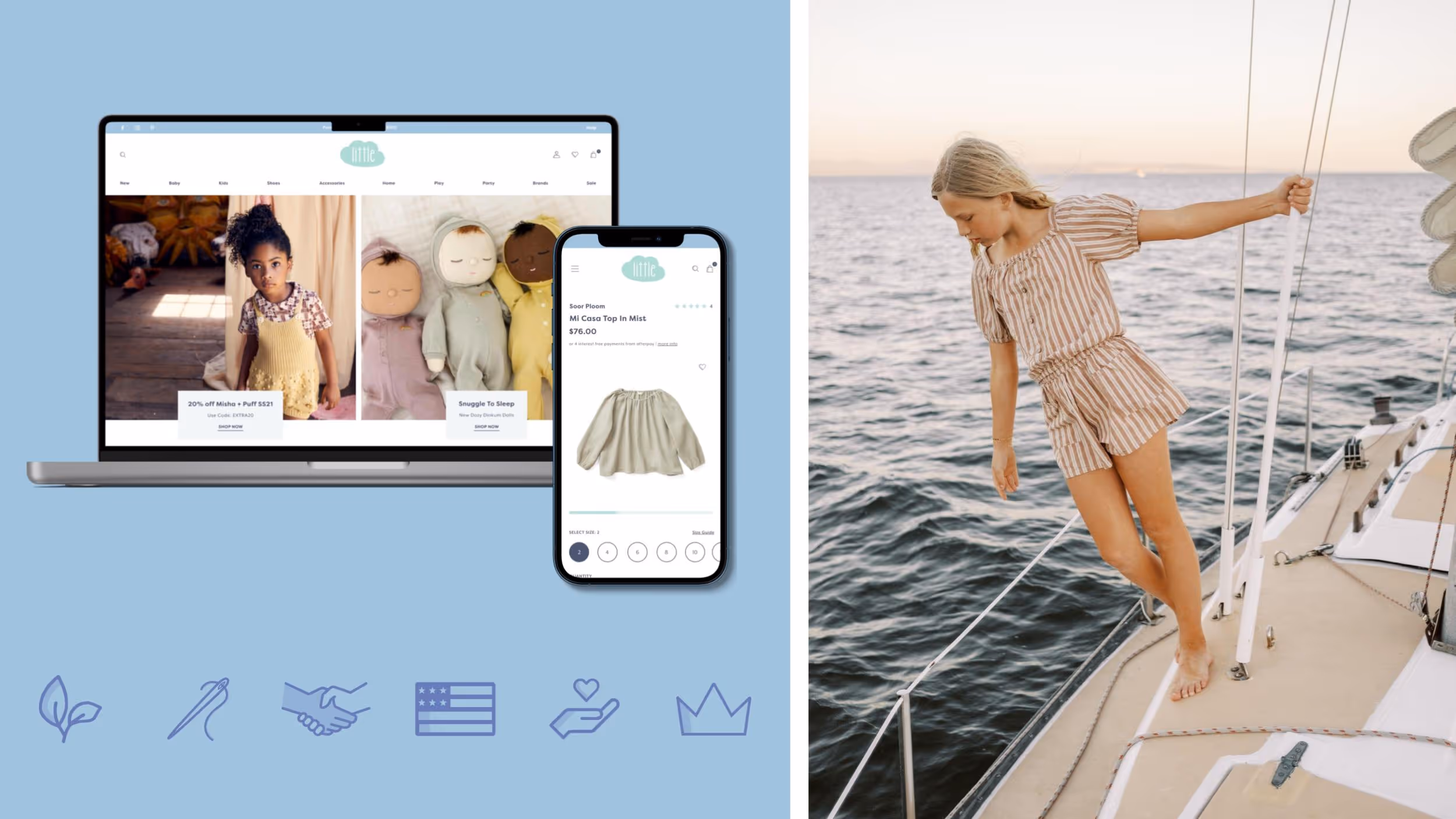 Online clothing store website displayed on laptop and mobile with sailboat