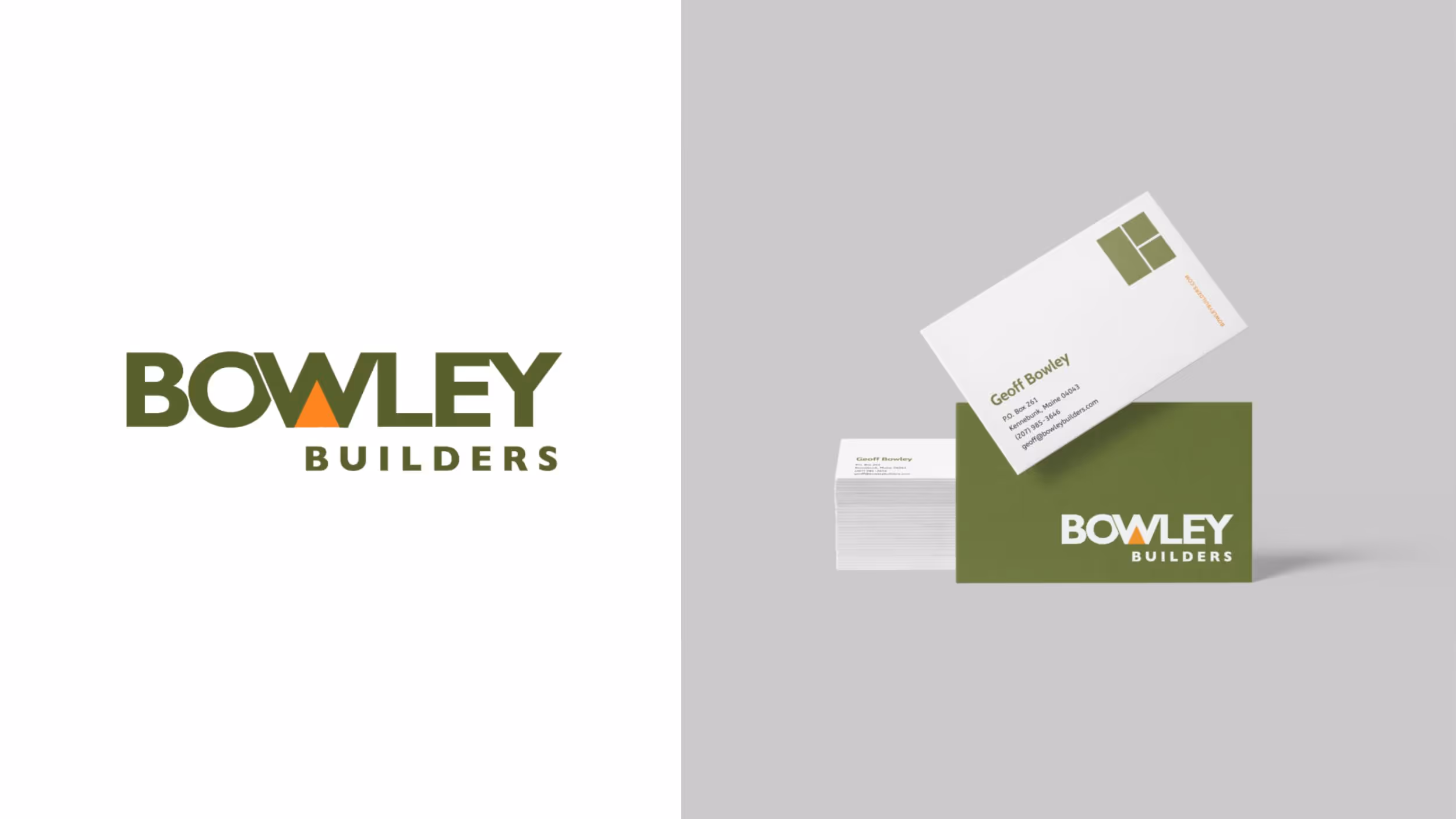 Bowley Builders logo and business cards in green and white