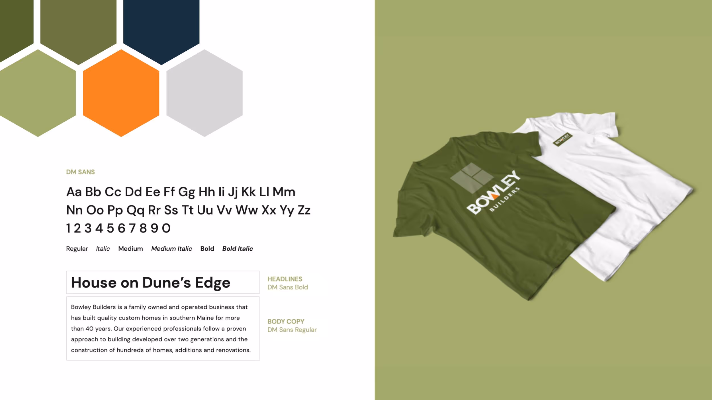 Green and white Bowley Builders t-shirts with brand typography and logo