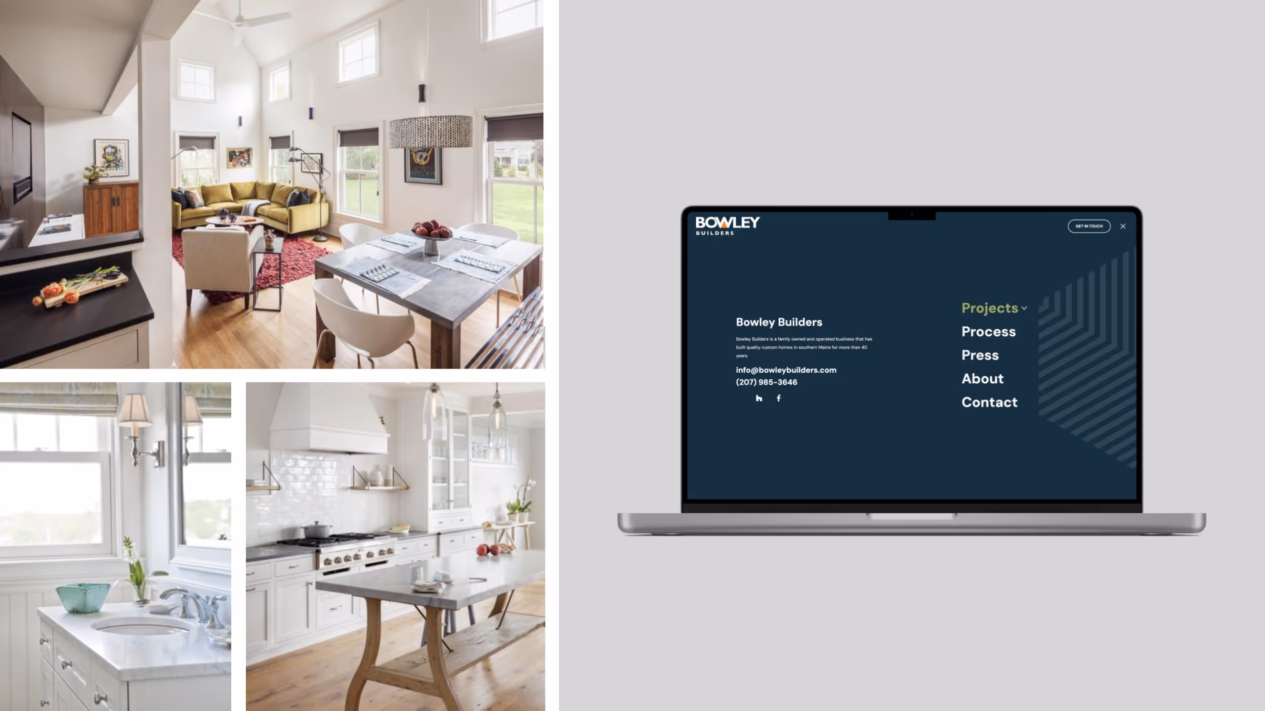 Modern home interior with bright kitchen, living room, and Bowley Builders website