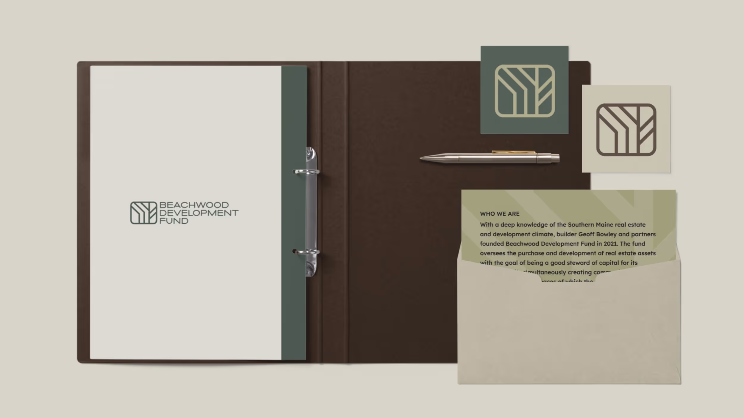 Beachwood Development Fund branding and stationery design mockup