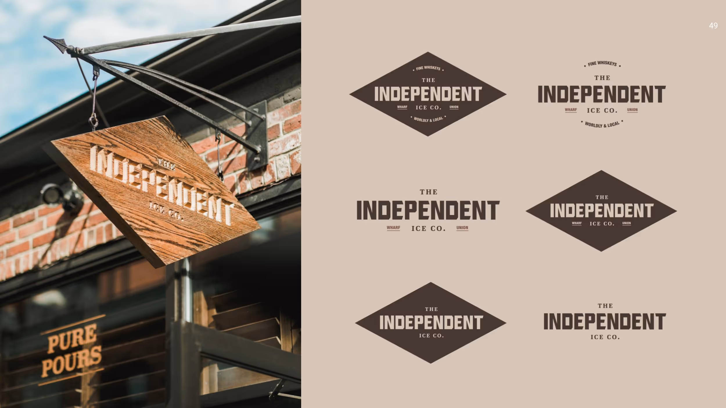 Wooden sign for The Independent Ice Co. with branding variations
