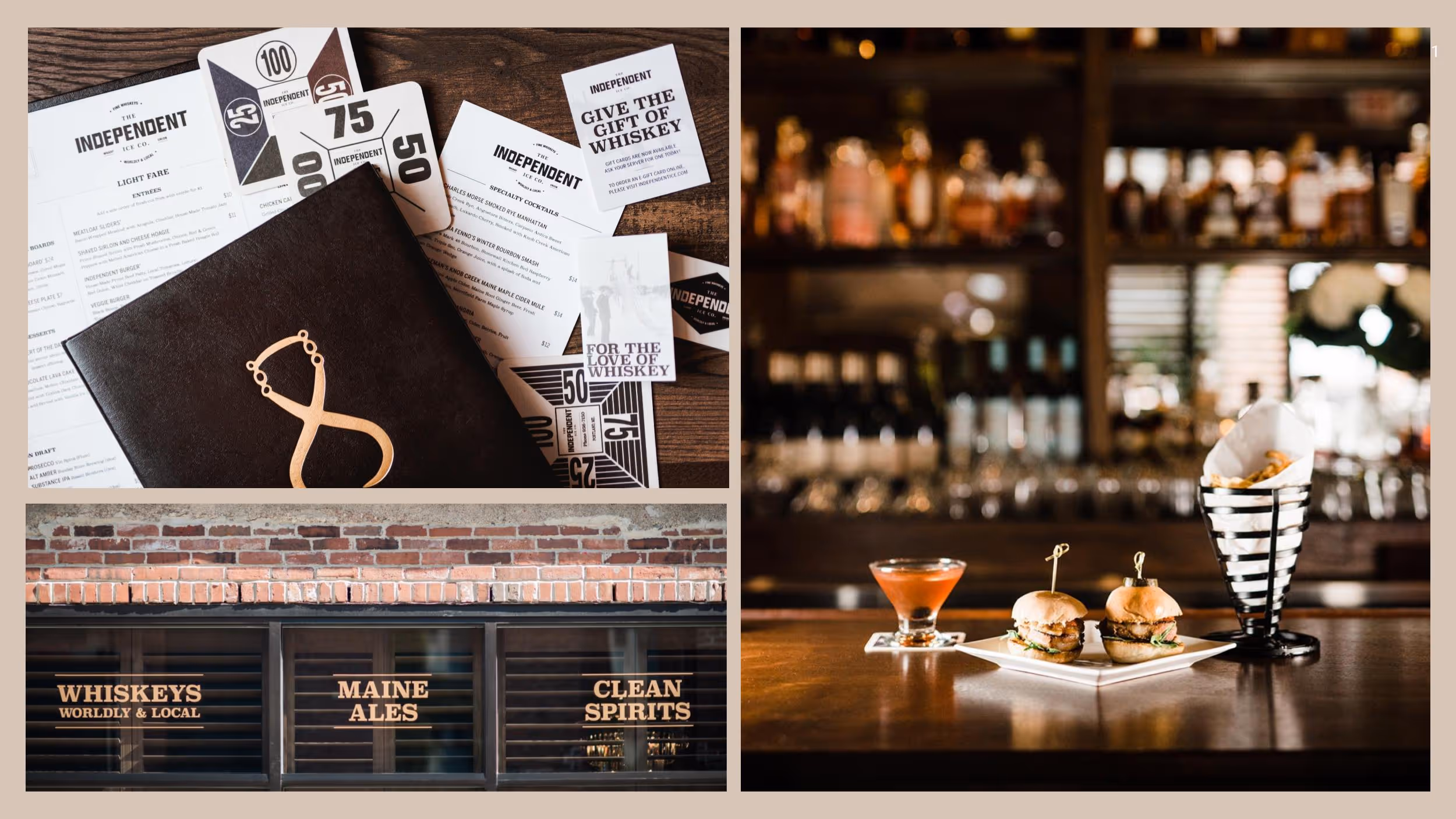 Independent whiskey bar with cocktails, sliders, and vintage branding materials