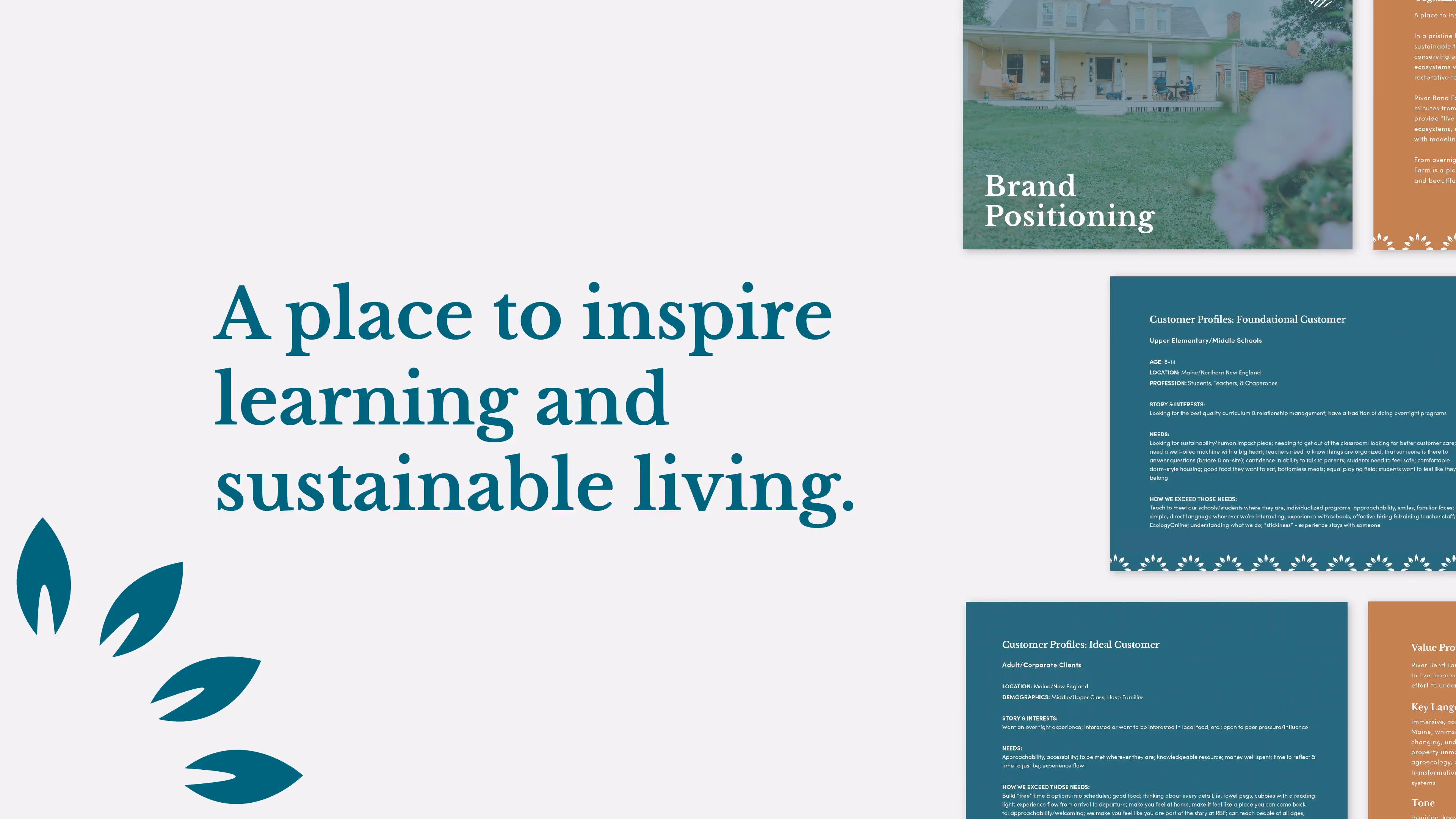 Brand positioning slide about learning and sustainable living with leaves
