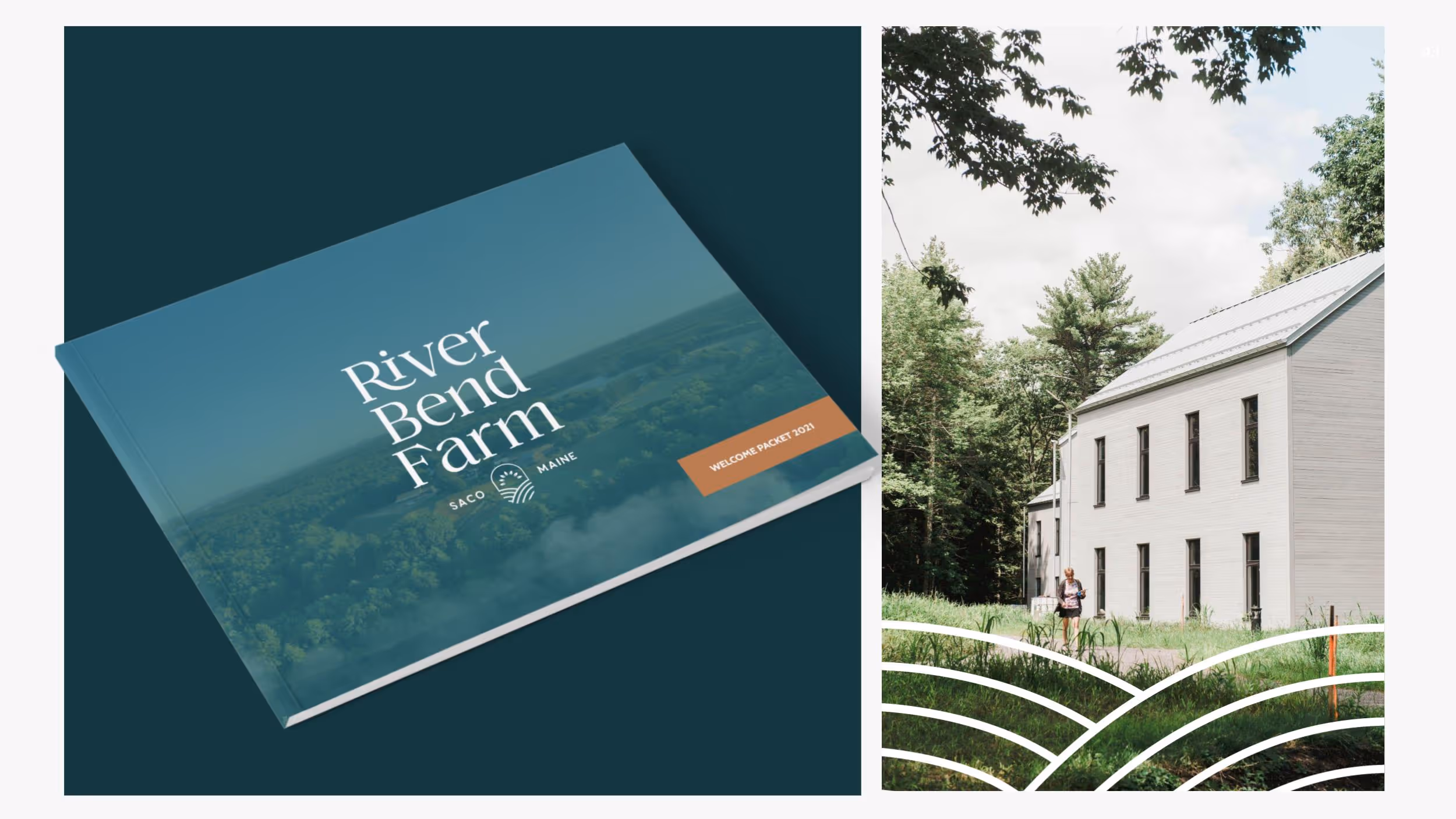 River Bend Farm welcome packet and farmhouse with white exterior