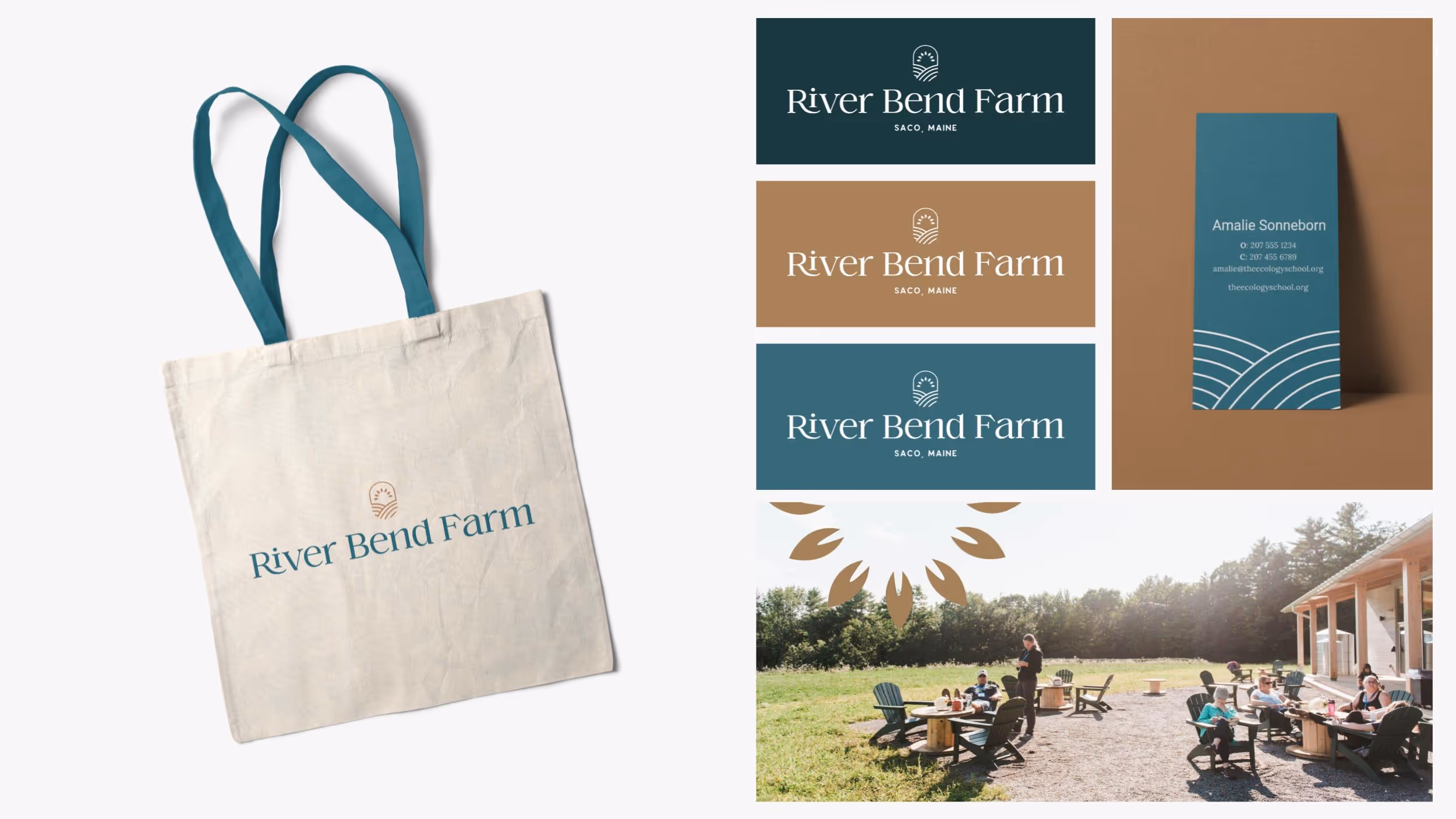 River Bend Farm branding with tote bag, logo, and outdoor gathering scene