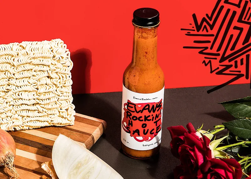 Evan's Rockin' Hot Sauce bottles and brand